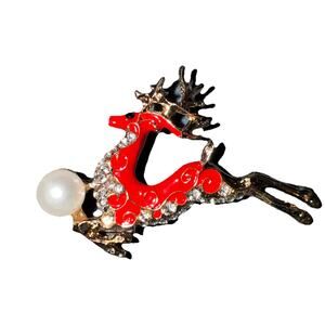NWT Cute Red And Goldtone Reindeer Pin Brooch With Faux Pearl Accent